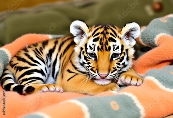 Obraz A Tiger Cub lying on a warm Blanket