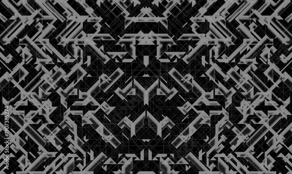 Obraz 幾何学的な形のオブジェクトが規則的に重なる抽象的、アート、テクノロジーのような要素も兼ね備え灰や黒、メタルの色の配色で機械的でもある柄の模様でデザインしたイラストの画像、装飾物、背景、壁紙、テクスチャのグラフィックの素材