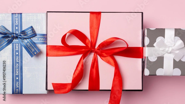 Obraz Gift boxes on pastel pink background, top view