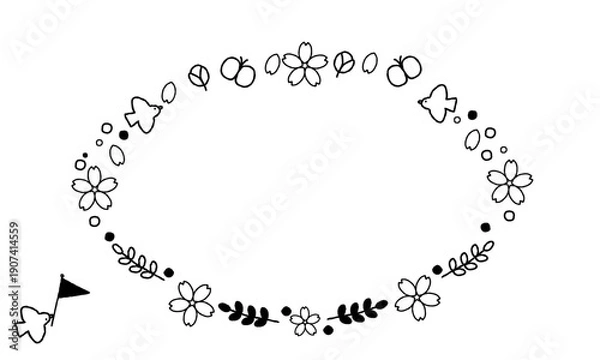 Obraz 手描きの桜と小鳥のシンプルな楕円のフレーム