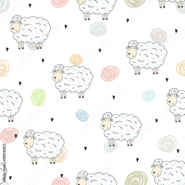 Fototapeta Cute seamless pattern with funny sheep. vector illustration