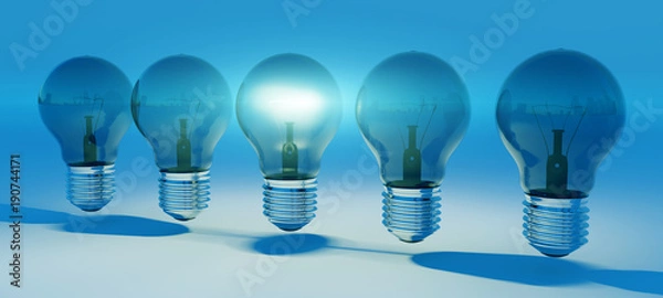 Fototapeta Bright lightbulbs lined up 3D rendering