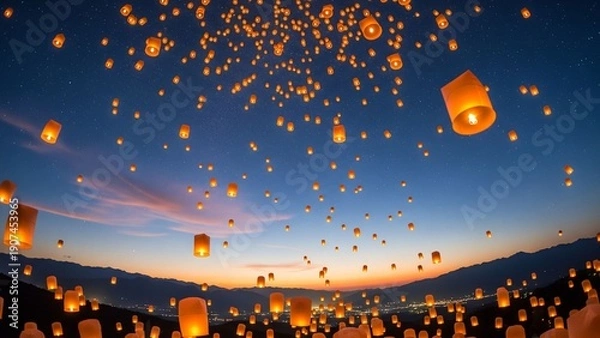 Obraz ランタン　夕焼け　夜空　風景