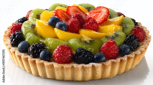 Obraz 白背景に映えるキウイや桃とベリー類を贅沢にトッピングした色彩豊かなフルーツタルトのホールイメージ