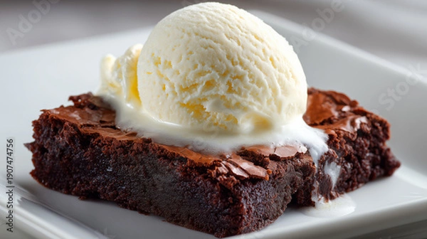 Obraz 白い皿の上でバニラアイスクリームが溶け出す濃厚なしっとりチョコブラウニーのクローズアップ
