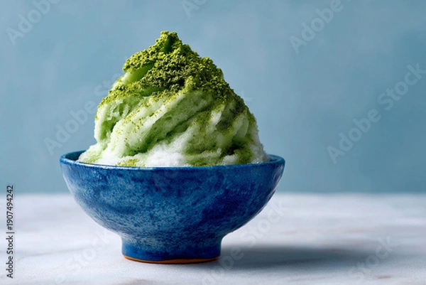 Obraz 青い器に映える抹茶の和風かき氷