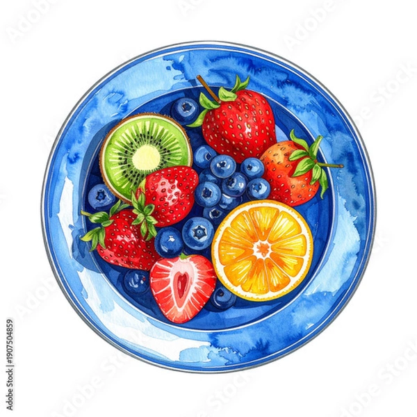 Obraz 青い皿に乗ったフレッシュフルーツの水彩イラスト