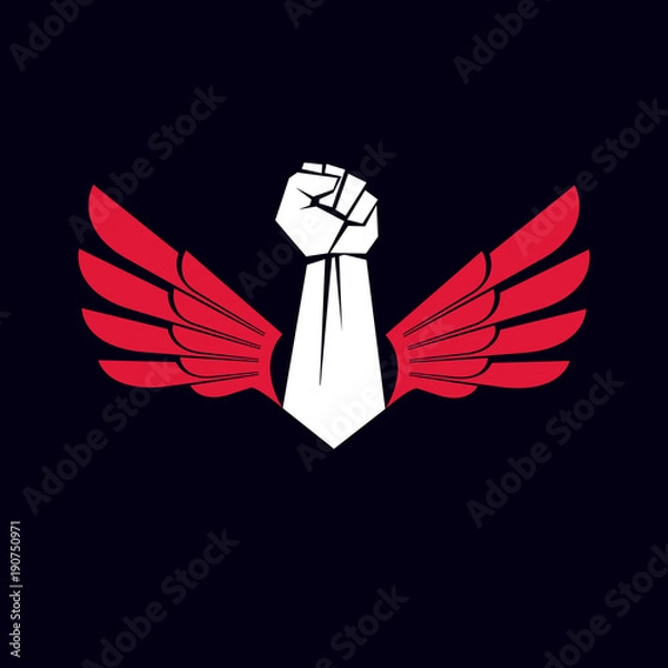 Fototapeta Vector symbol made using raised arm of muscular male and eagle wings. Freedom for the personality can be used as tattoo.