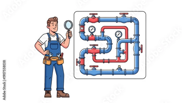 Obraz Plumber inspects complex red and blue pipe system with gauges