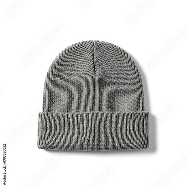 Obraz A gray knitted beanie hat on a white background with subtle shadow