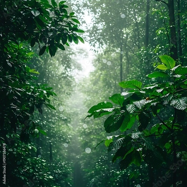 Obraz Dense jungle foliage frames a humid, sunlit path during a light rainfall