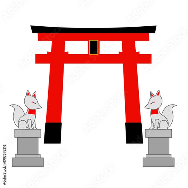 Obraz 稲荷神社の鳥居と狐のイラスト