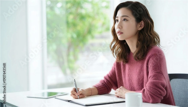 Obraz ノートにペンを走らせながら考え事をする真剣な表情の女性