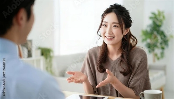 Obraz 対面の人に身振り手振りで楽しそうに話す茶色い服の女性