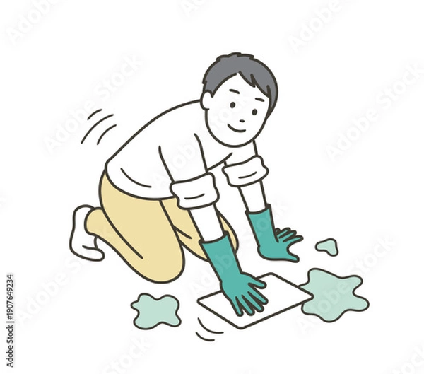 Obraz 床を雑巾で拭くゴム手袋をつけた男性のイラスト