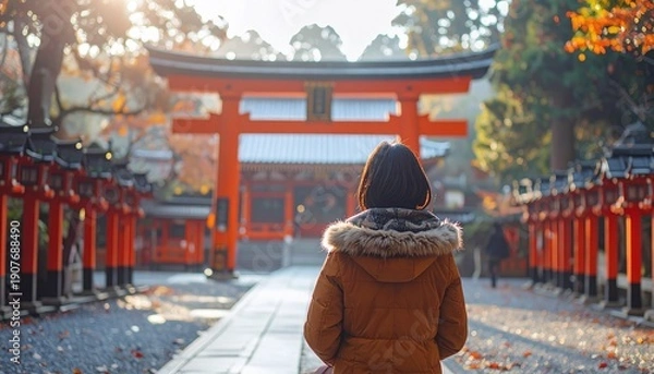 Obraz 鳥居へ向かう神社の参道に立つ女性の後ろ姿