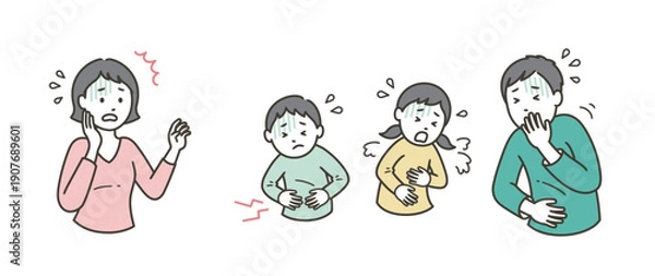 Obraz 家族にノロウィルスの腹痛や嘔吐の症状が出て焦る母親
