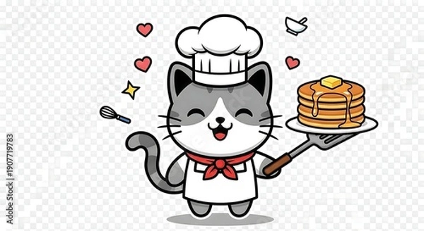 Obraz Cute Chef Cat Serving Pancakes Illustration.