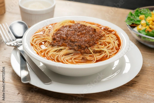 Obraz ボリューム感のあるミートソースの大盛りスープパスタ