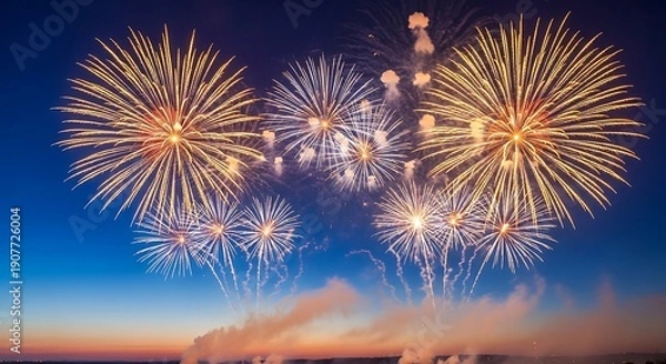 Obraz Vibrant fireworks explode across a clear blue twilight sky
