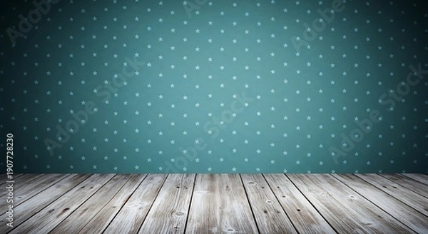Obraz Empty teal wall with subtle star pattern and rustic wooden floor
