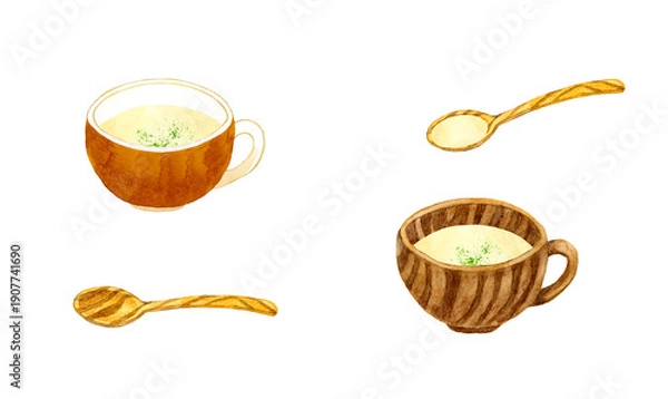 Obraz じゃがいものポタージュ（ポテトスープ）とスプーンのセット　料理・食べ物の手描き水彩イラスト素材