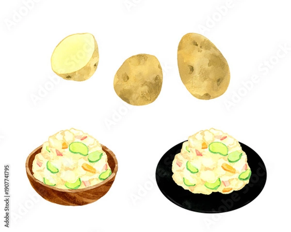 Obraz ポテトサラダとじゃがいものセット　料理・食べ物の手描き水彩イラスト素材