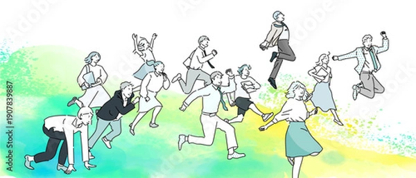 Obraz スタートアップのイメージイラストージャンプするビジネスパーソンーチームワークー白バックイラスト素材