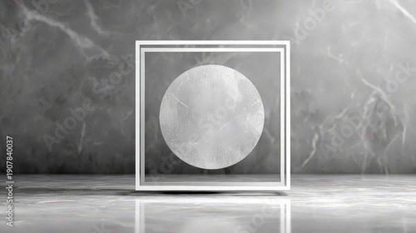 Obraz A large, solid white circle with a marbled or stone-like texture is centered within a thin, white square frame.