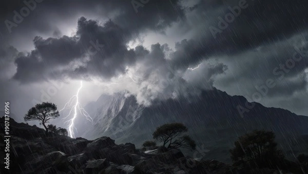 Fototapeta Dramatic mountain landscape under a stormy sky with lightning