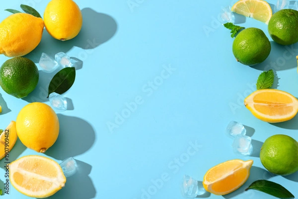 Obraz Ingredients for preparing lemonade on blue background