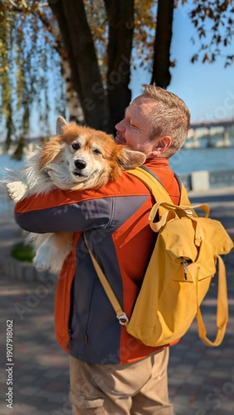 Obraz man and dog corgi