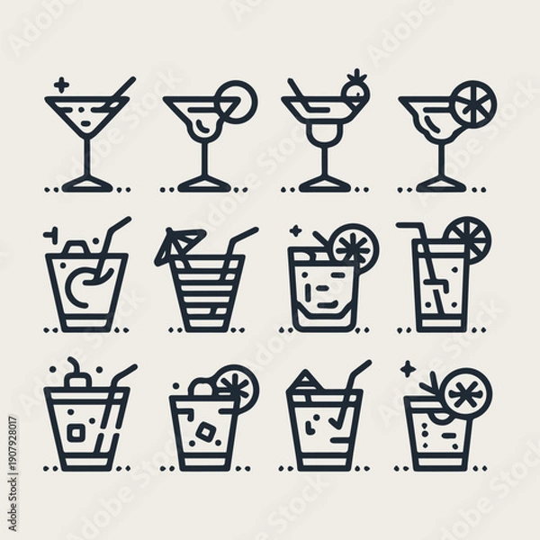 Obraz icon set Simple outline cocktails vector