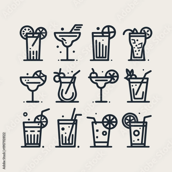Obraz icon set Simple outline cocktails vector