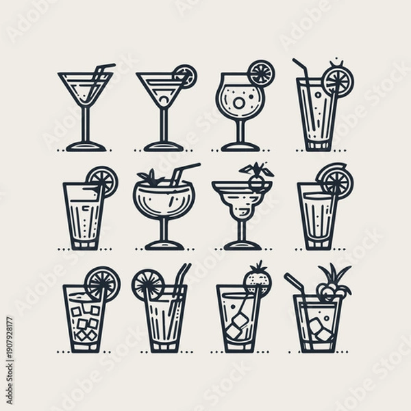 Obraz icon set Simple outline cocktails vector