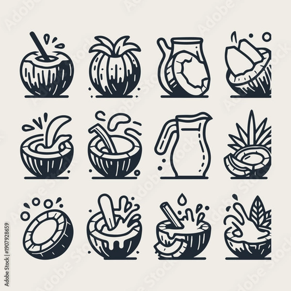 Obraz Coconut milk vector icon set