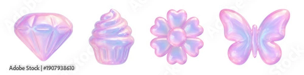 Obraz ぷにぷに ゆめかわ ゼリー風3Dオブジェクトアイコンセット（ダイヤ・カップケーキ・花・蝶）