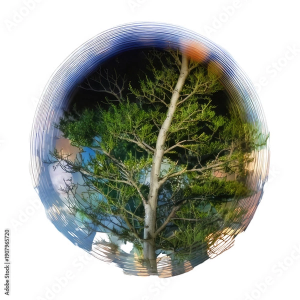 Fototapeta Tree reflected inside spherical, clear bubble, black background
