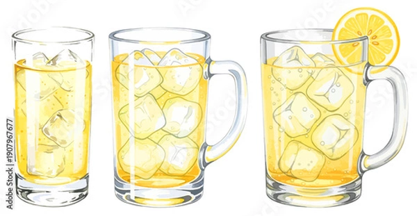 Fototapeta ハイボールとウイスキーソーダのイラストセット（ジョッキ・レモン・氷）,お酒,アルコール,飲み物,居酒屋メニュー