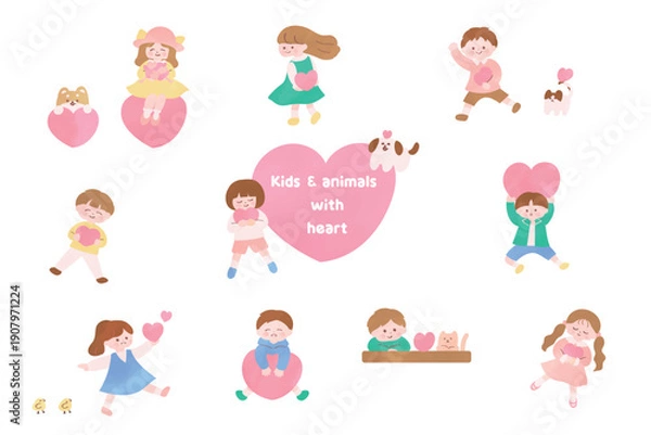 Obraz ハートを持つ子供と動物たちの絵本タッチのイラスト｜愛情・思いやり・友情のコンセプト