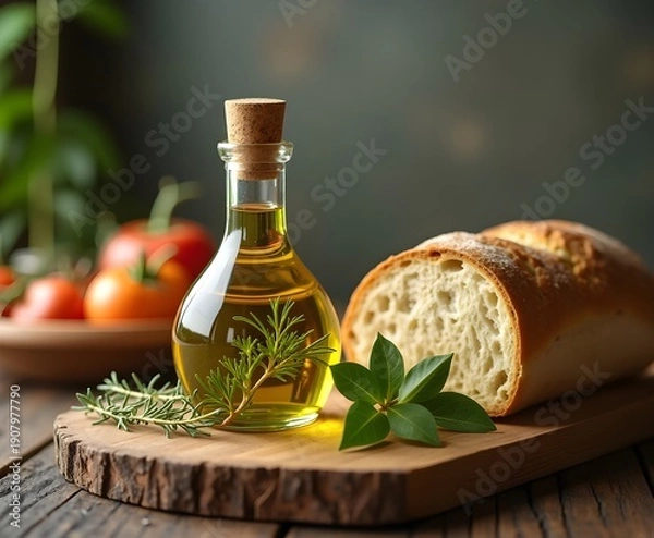 Obraz Olive Oil Bottle with Herbs and Rustic Bread