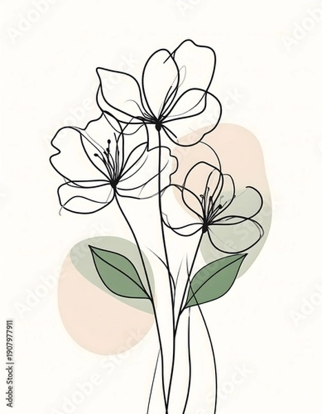 Obraz Delicate Floral Line Art with Abstract Pastel Background Elements