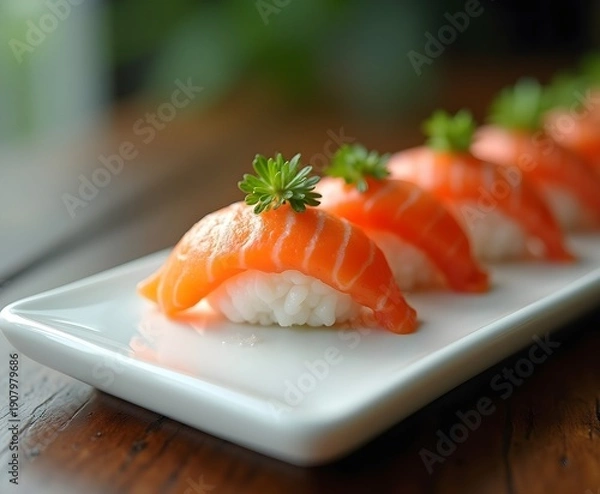 Obraz Gourmet Sushi Plated on Floating White Ceramic Platform
