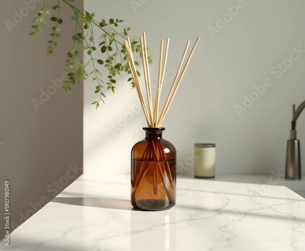 Obraz Eucalyptus Diffuser with Amber Bottle on Marble Counter