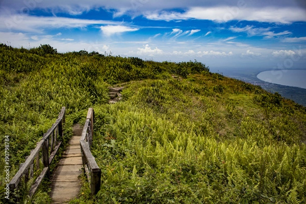 Obraz Beautiful Wooden Bridge Leading up to a Stunning View of the Lake on top of Mombacho Volcano, Nicaragua
