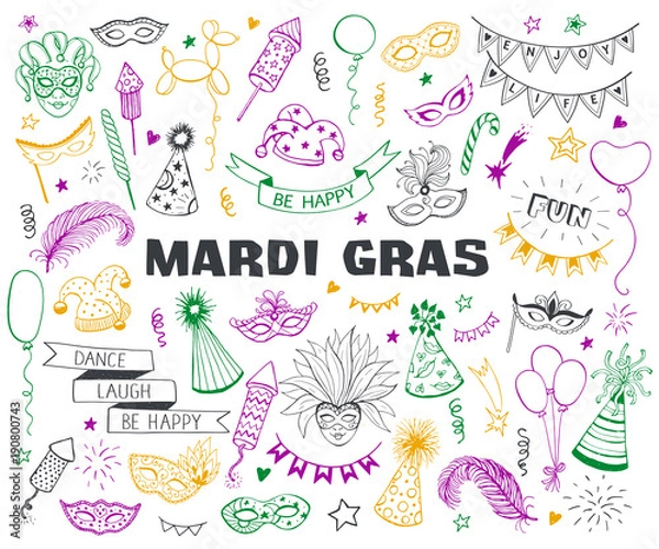Fototapeta Ręcznie rysowane obiekty karnawałowe ustawione na białym tle. Kolekcja Elementów Design Masqeurade w stylu sztuki. Doodle Carnival Maski, pióra, petardy. Tradycyjne symbole trawy Mardi.