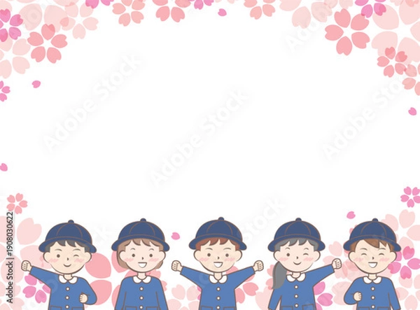 Obraz 桜と園服の子供たちのフレーム　入園　卒園