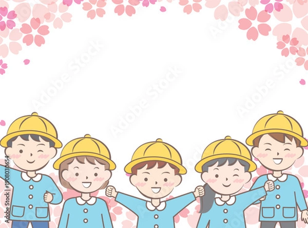 Obraz 桜と園服の子供たちのフレーム　入園　卒園