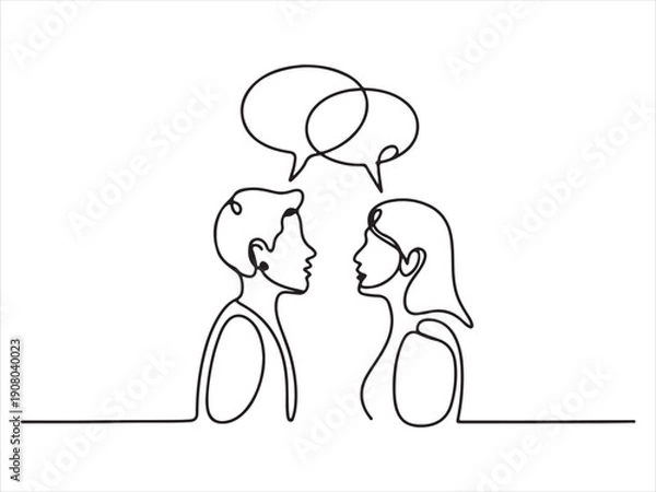 Obraz Continuous Line Drawing Two People Connected Speech Bubbles. Two People Talking Continuous Line Drawing