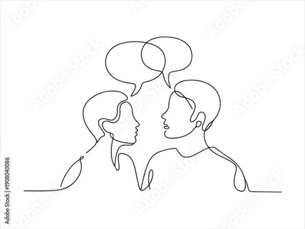 Obraz Continuous Line Drawing Two People Connected Speech Bubbles. Two People Talking Continuous Line Drawing